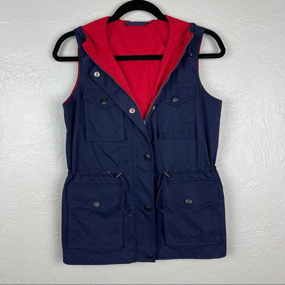 Ralph Lauren Reversible Red Blue Hooded Sleek Cinched Waist Vest M